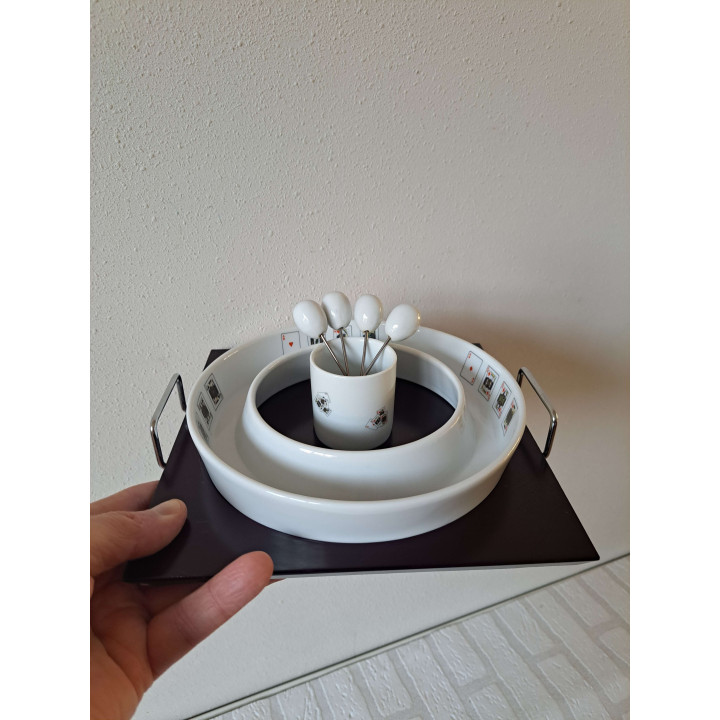 Serveerschaal en prikkers speelkaarten, porselein D19.5xH3cm - handgemaakt