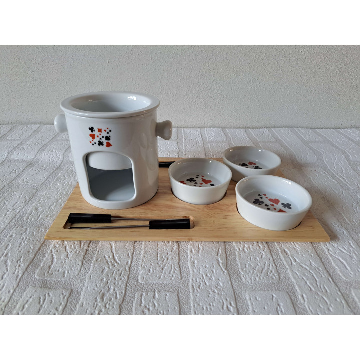Fondueset met speelkaart symbolen, porselein 35x24x15cm - handgemaakt