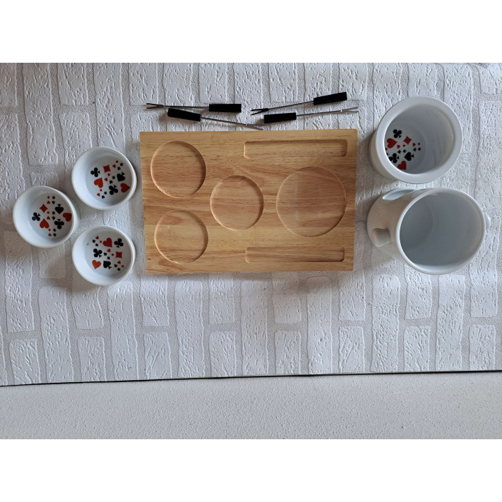 Fondueset met speelkaart symbolen, porselein 35x24x15cm - handgemaakt