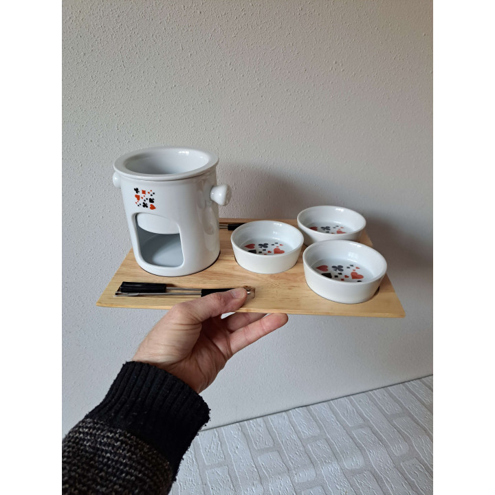 Fondueset met speelkaart symbolen, porselein 35x24x15cm - handgemaakt