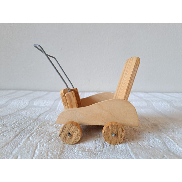 Poppenwagen, hout - metaal 12x9x11cm - poppen