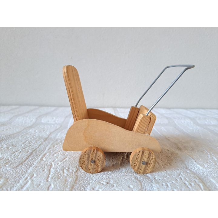 Poppenwagen, hout - metaal 12x9x11cm - poppen