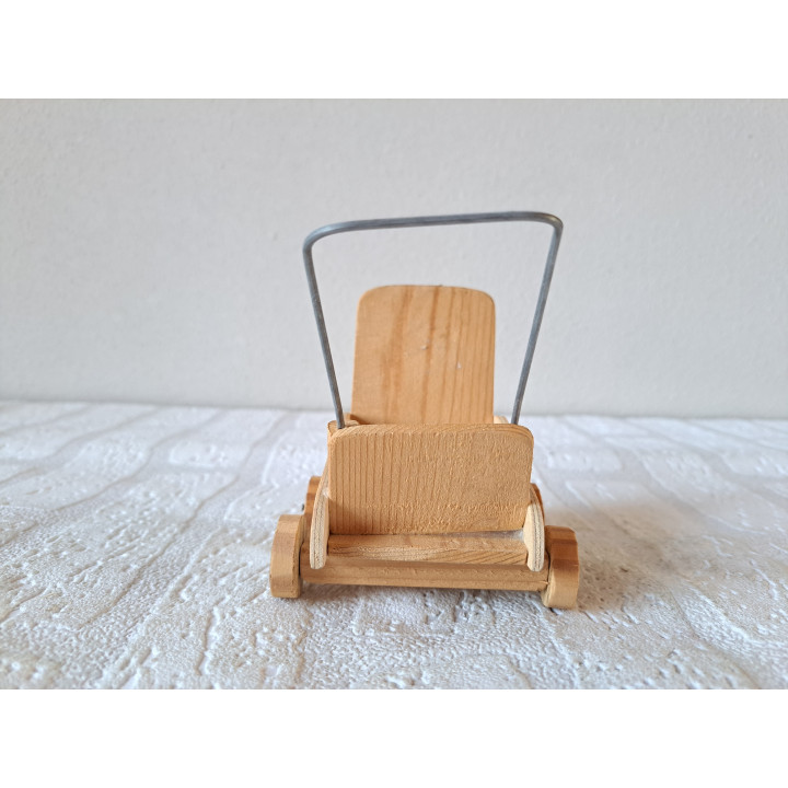 Poppenwagen, hout - metaal 12x9x11cm - poppen