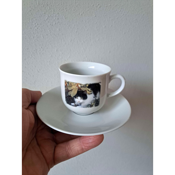 Kop en schotel Poes tussen de struiken porselein D13.5x7.5cm - handgemaakt