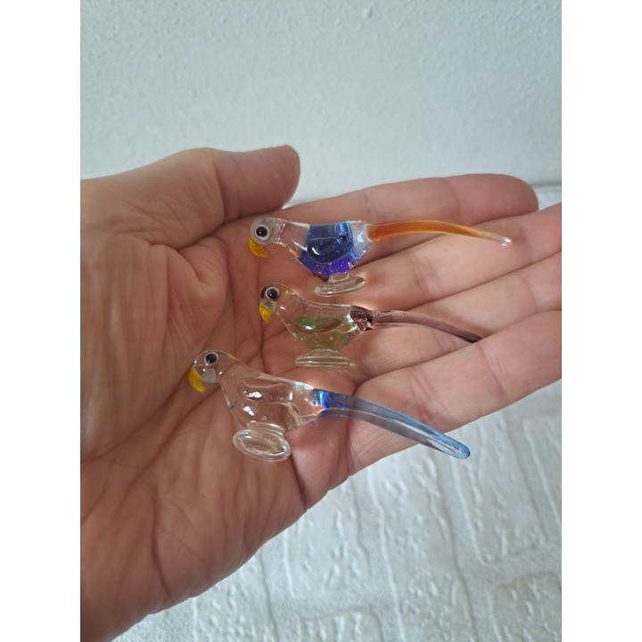 3 stuks Papegaaien van glas, 6x1.5x2cm