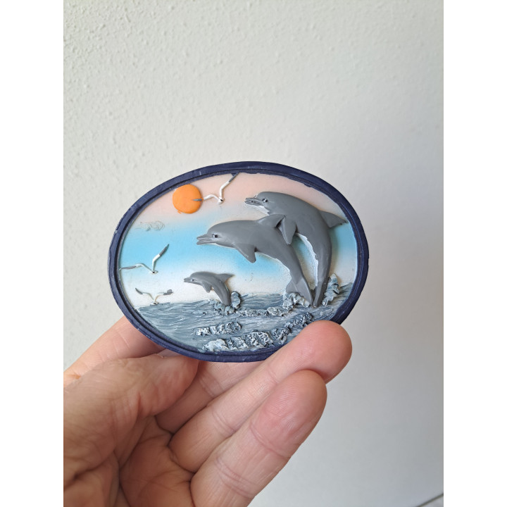 Dolfijnen, Ovale vorm keukenmagneet, kunsthars 9.5x7x1.5cm