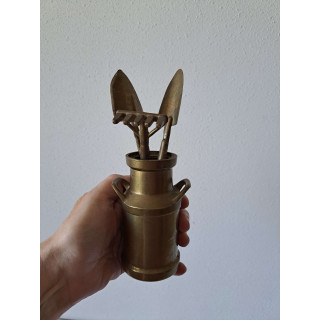 Charming Miniature Garden Tools | In a Brass Milk Can