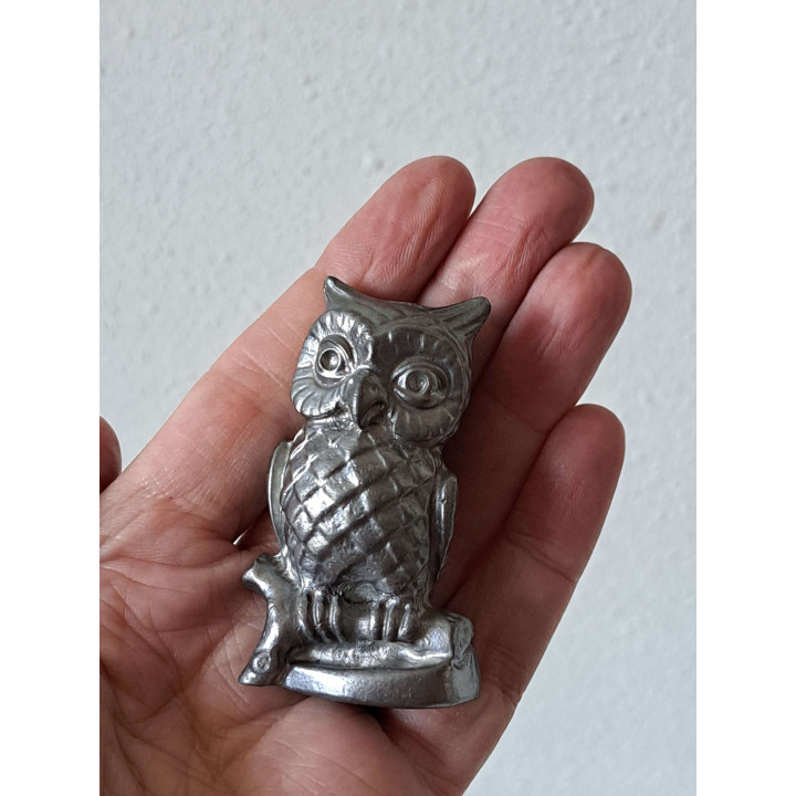 Zware Tinnen Uil | Klein Vintage Beeldje op Tafel