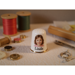 Custom digital photo logo advertisement on a porcelain thimble photo and text front-gold rim