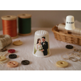 Custom digital photo logo advertisement on a porcelain thimble photo front and text back